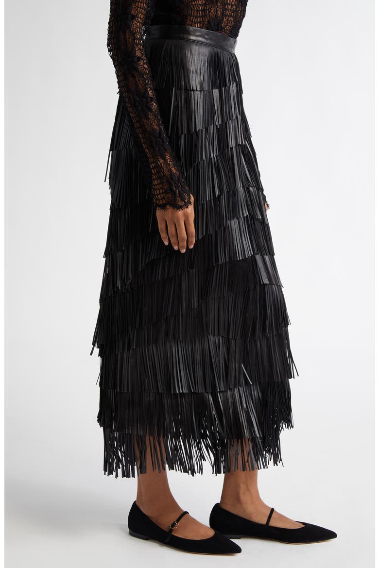 Therese Leather Fringe Maxi Skirt, Alternate, color, NOIR