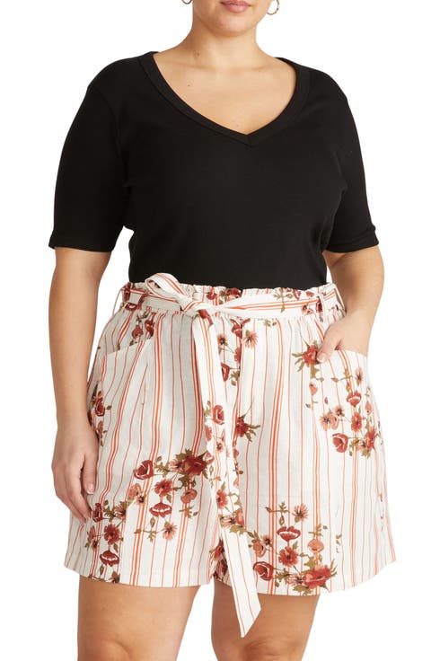 V-Neck Elbow Sleeve Cotton T-Shirt (Plus)