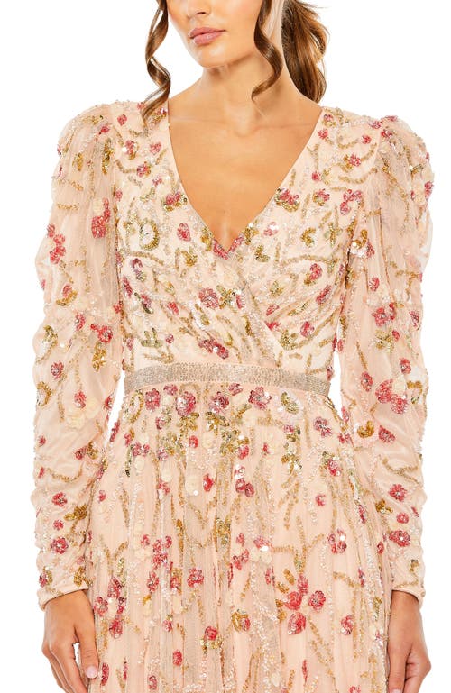 MAC DUGGAL MAC DUGGAL FLORAL EMBELLISHED WRAP OVER PUFF SLEEVE A LINE GOWN