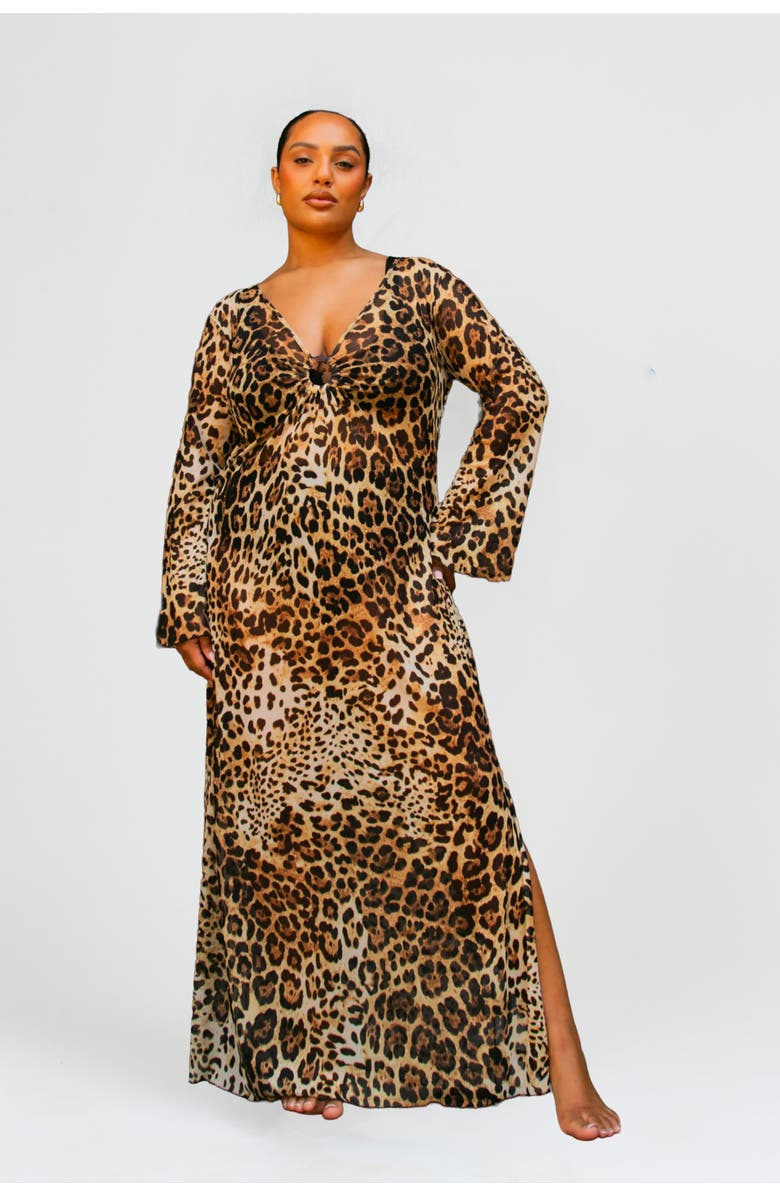 FASHION-SZN CURVE Curve Leopard Print Ring Detail Kaftan, Main, color, Brown