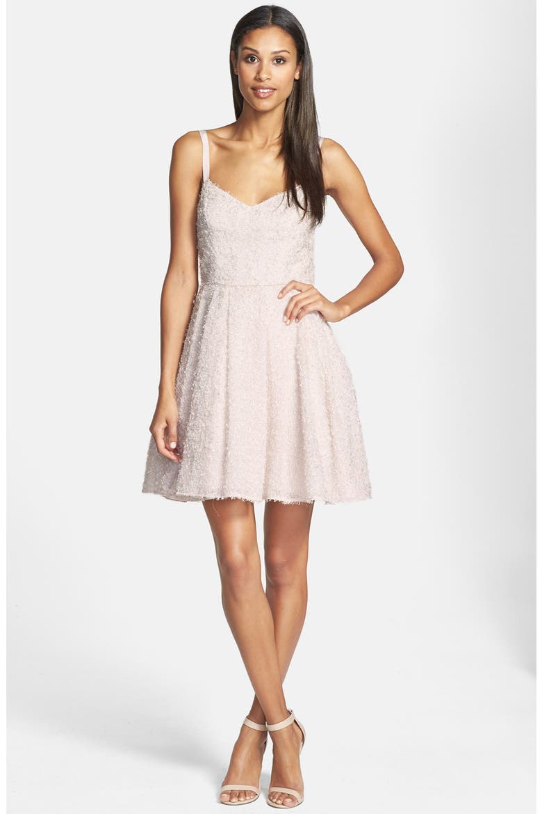'Glitter Whisper' Back Bow Fit & Flare Dress, Main, color, WHITE