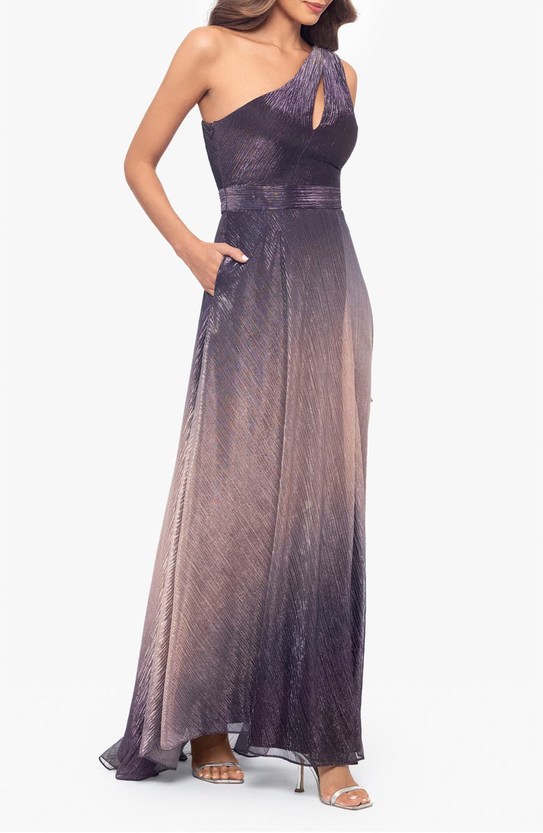 Betsy & Adam One-Shoulder Metallic Crinkle Ombré Gown, Alternate, color, Plum/ Rose
