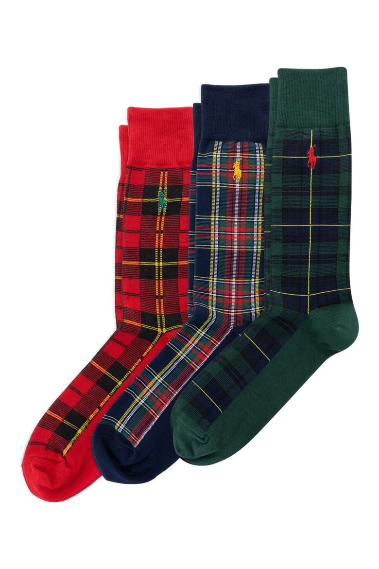 Assorted 3-Pack Tartan Crew Socks Gift Box, Main, color, RED/ NAVY/ GREEN ASSORTED