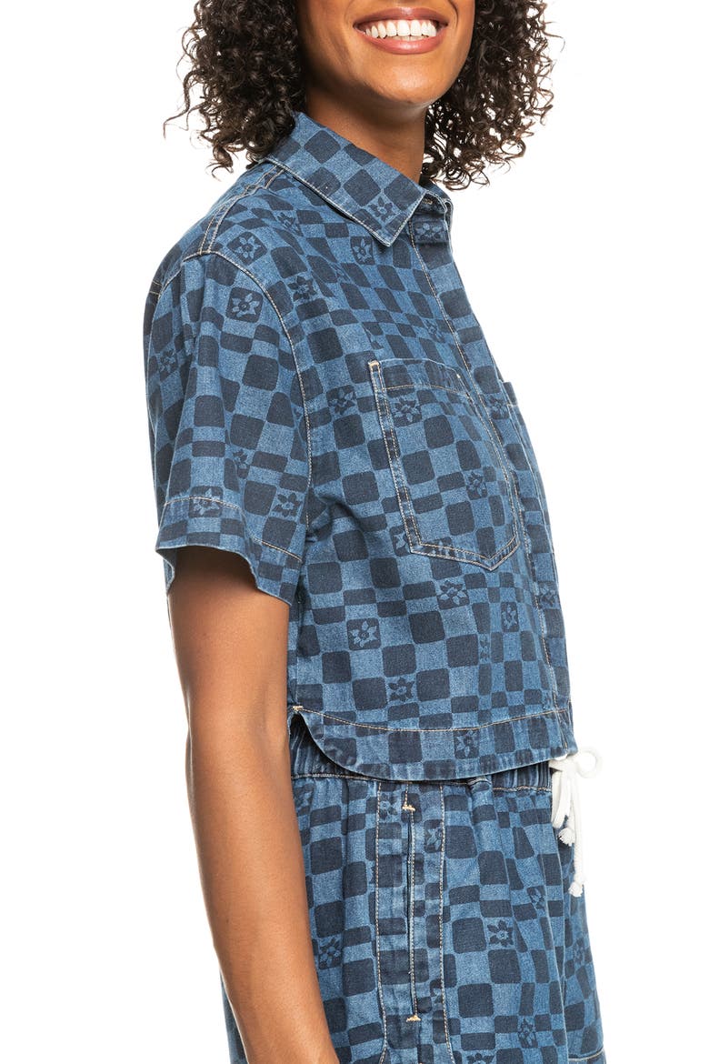 Blue Wave Print Cotton Denim Crop Shirt, Alternate, color, MOOD INDIGO SOL POWE