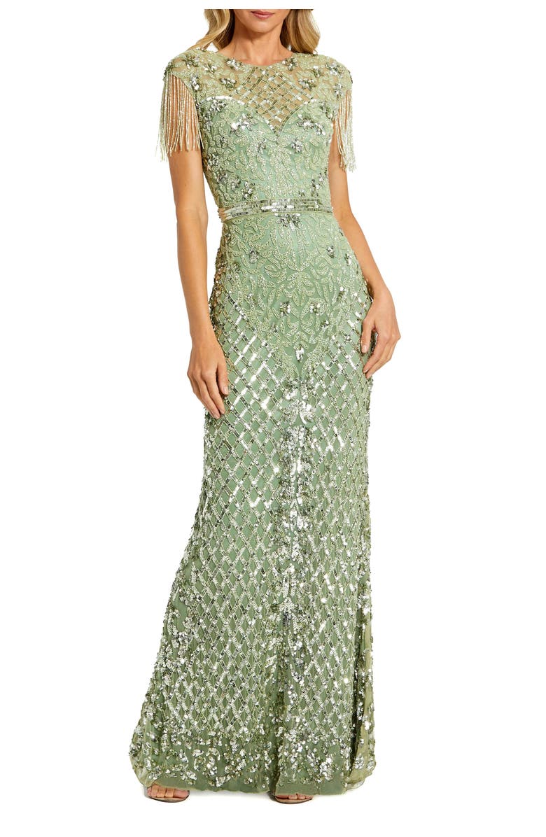 Mac Duggal Petite Beaded Fringe High-Neck Fitted Evening Gown, Main, color, Sage