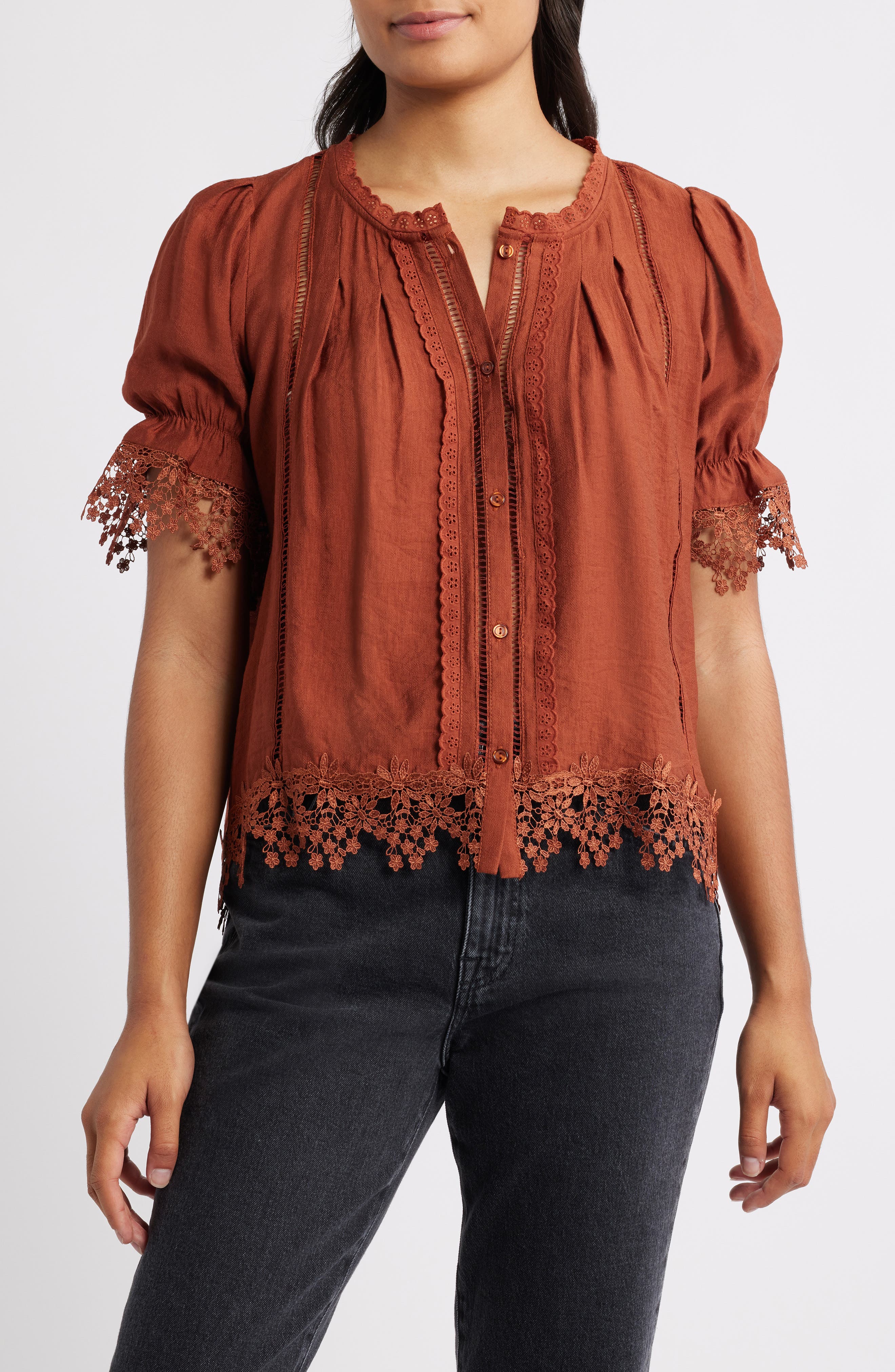 Bobeau Lace Accent Button-Up Top