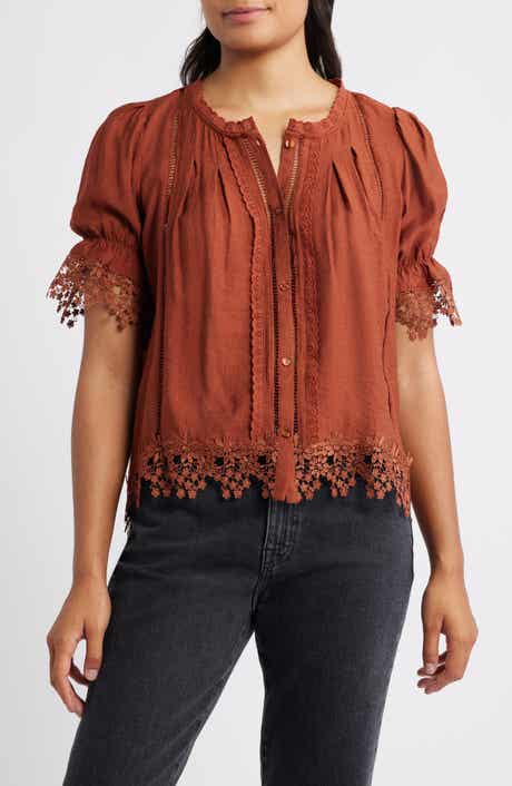 Bobeau Lace Accent Button-Up Top