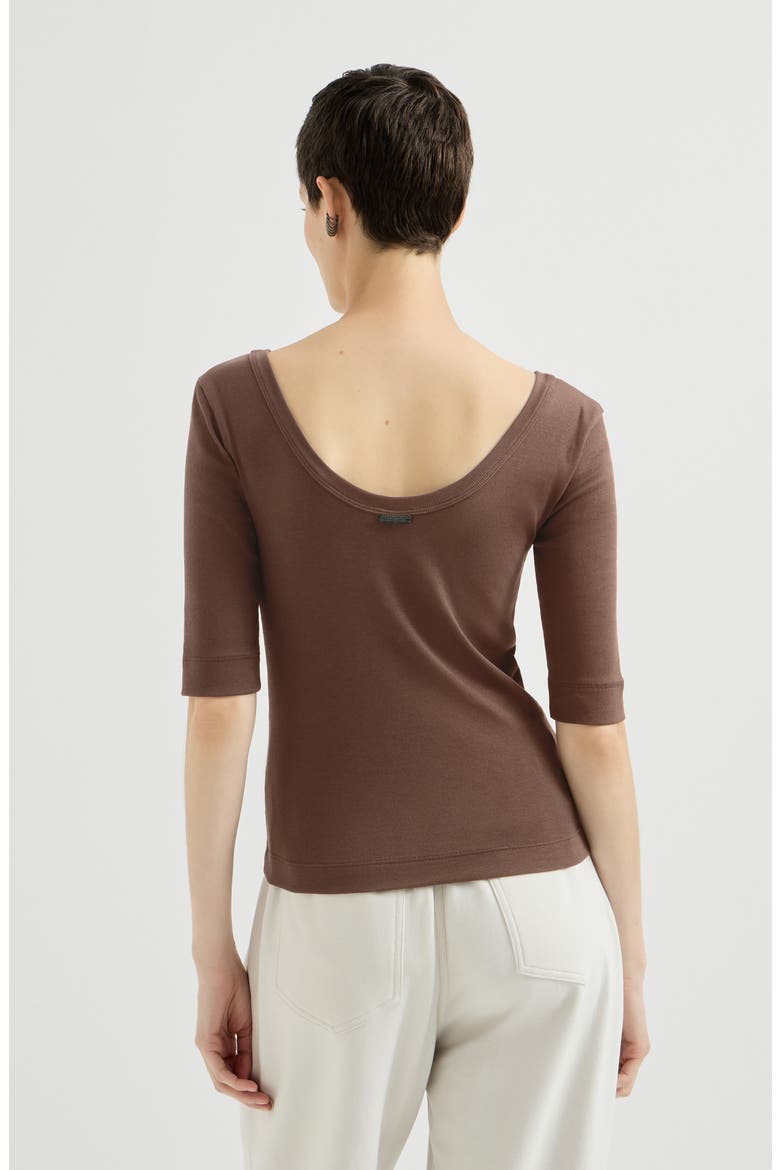 Stretch cotton ribbed jersey T-shirt with monili, Alternate, color, Pine Cone Brown