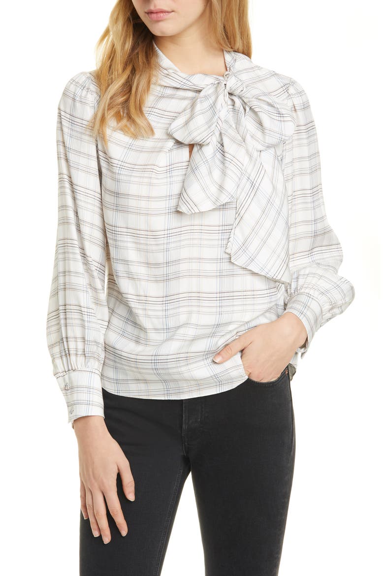 Etched Plaid Silk Blend Blouse, Main, color, SNOW COMBO