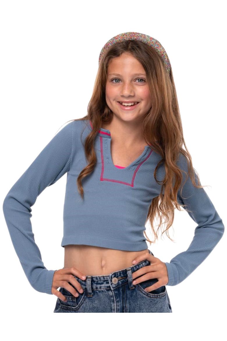 Ribbed seamless top with contrast stitching - Big Kid, Alternate, color, Denim Blue-Neon Pink