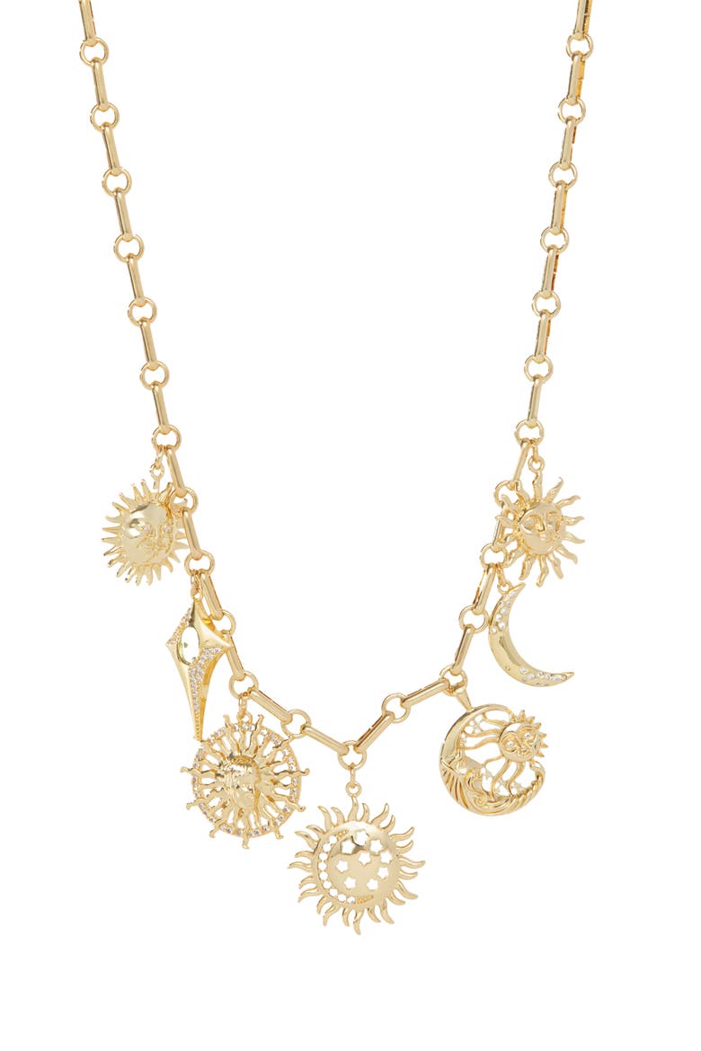 18k Gold Plated Cubic Zirconia Multicharm Solar Necklace, Alternate, color, GOLD