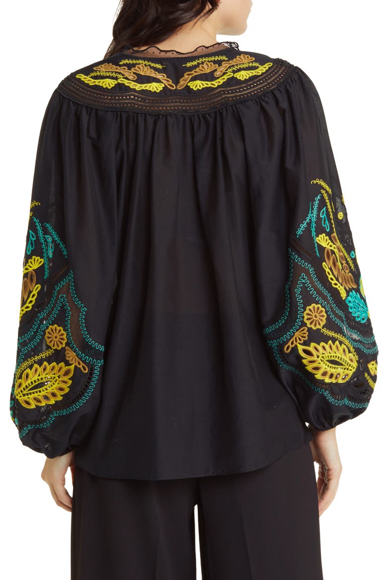 Embroidered Cotton & Silk Peasant Top, Alternate, color, BLACK
