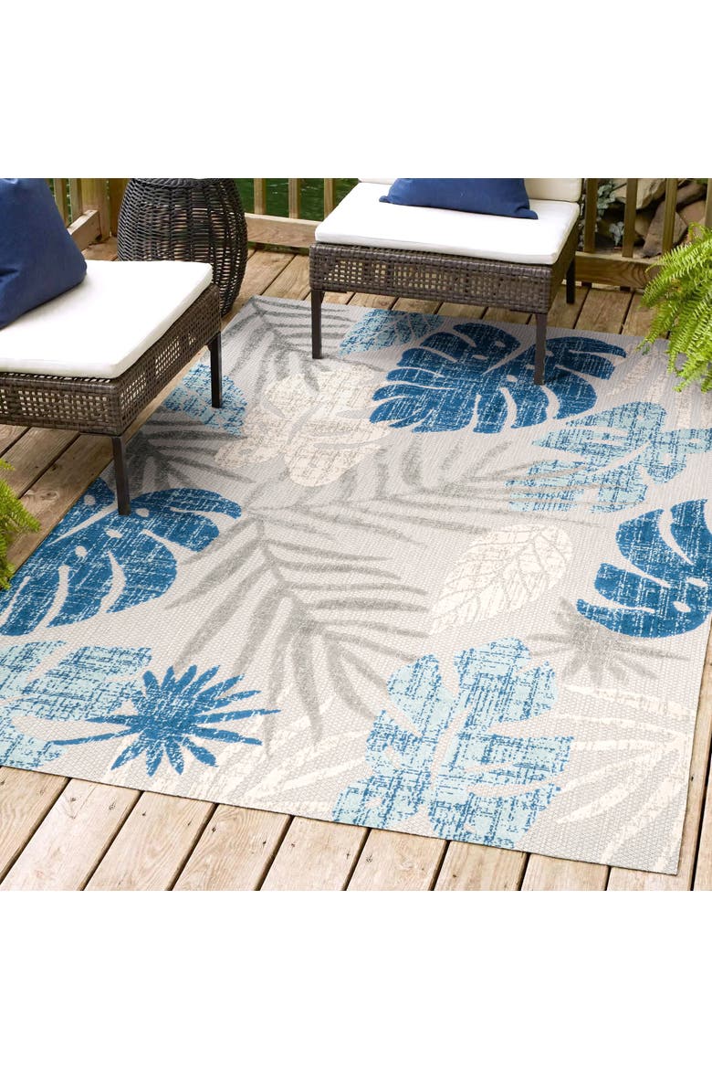 Monstera Tropical Leaf High-Low Indoor/Outdoor Area Rug, Alternate, color, Light Gray/Navy