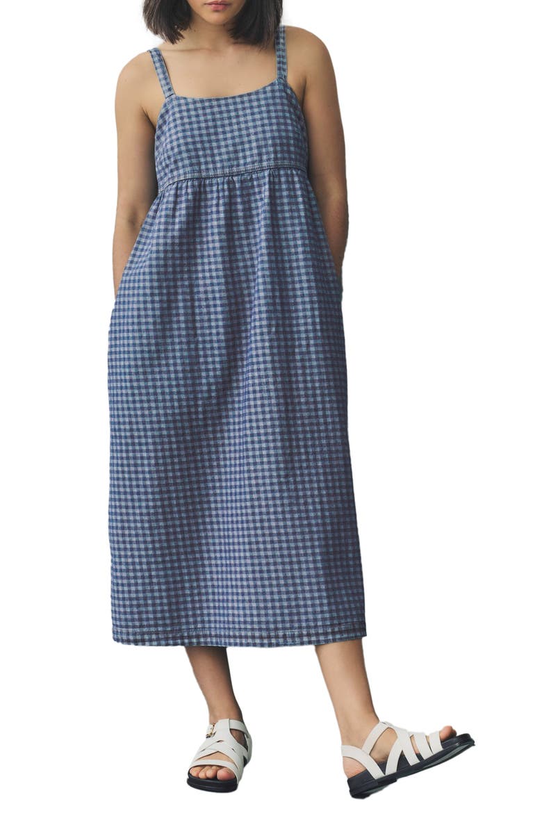 Gingham Sleeveless Denim Midi Dress, Main, color, BLUE