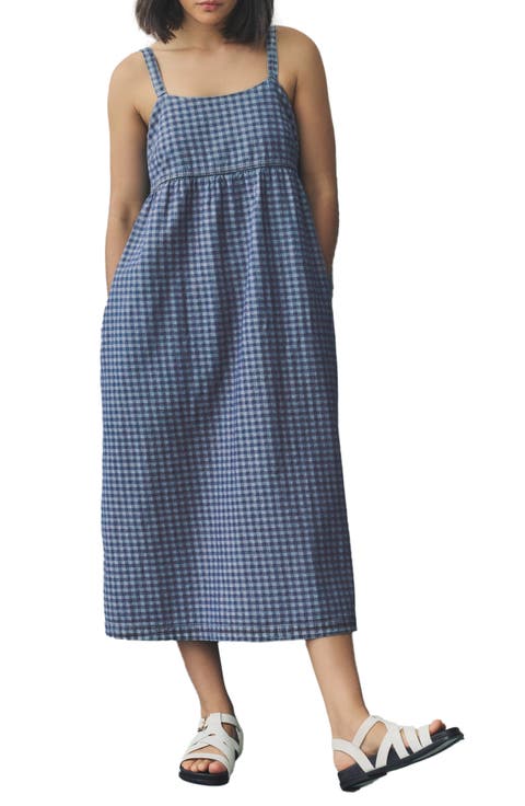 Gingham Sleeveless Denim Midi Dress