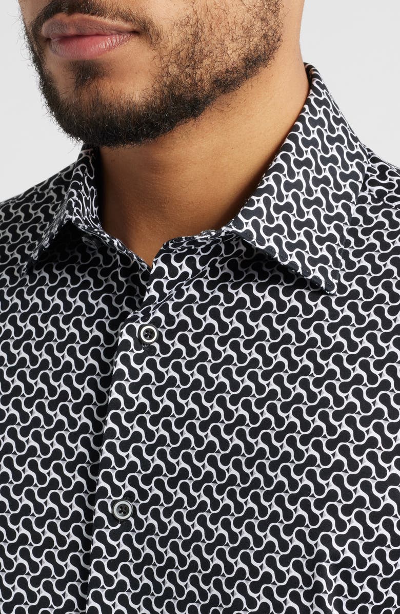 Bugatchi Miles OoohCotton<sup>®</sup> Geo Print Short Sleeve Button-Up Shirt, Alternate, color, Black