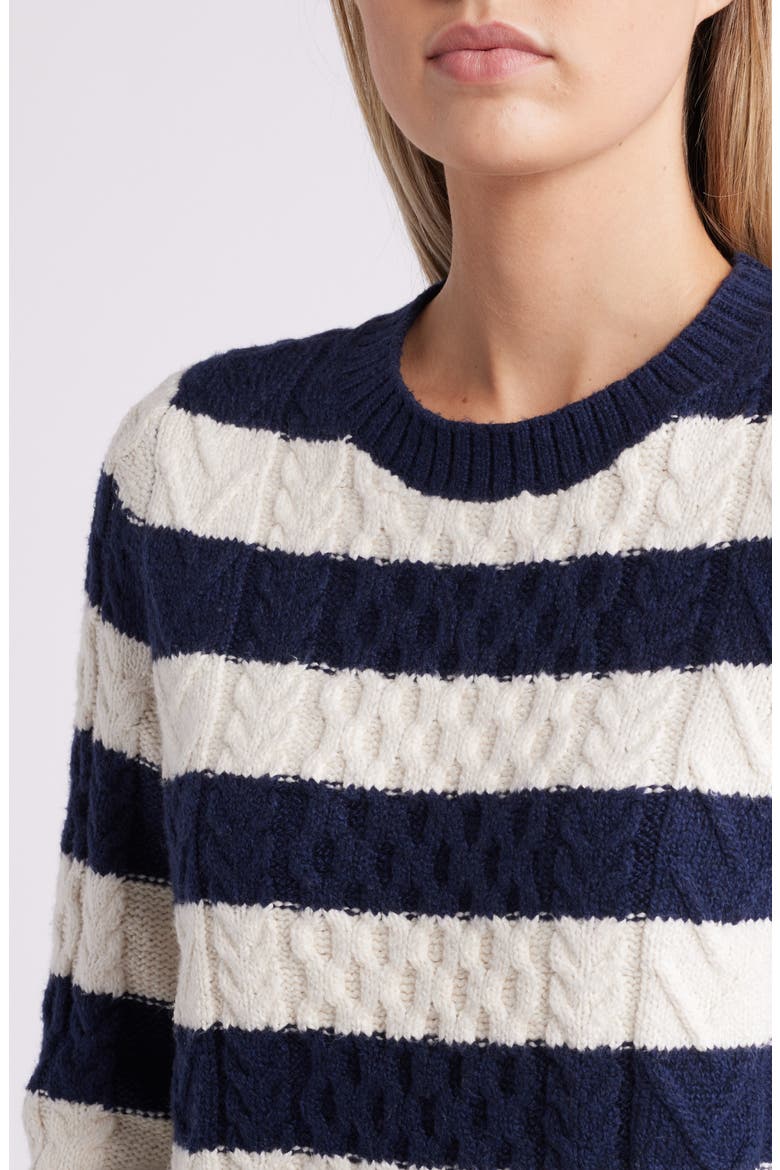 Cable Stitch Crewneck Sweater, Alternate, color, NAVY- IVORY PRISTINE STRIPE