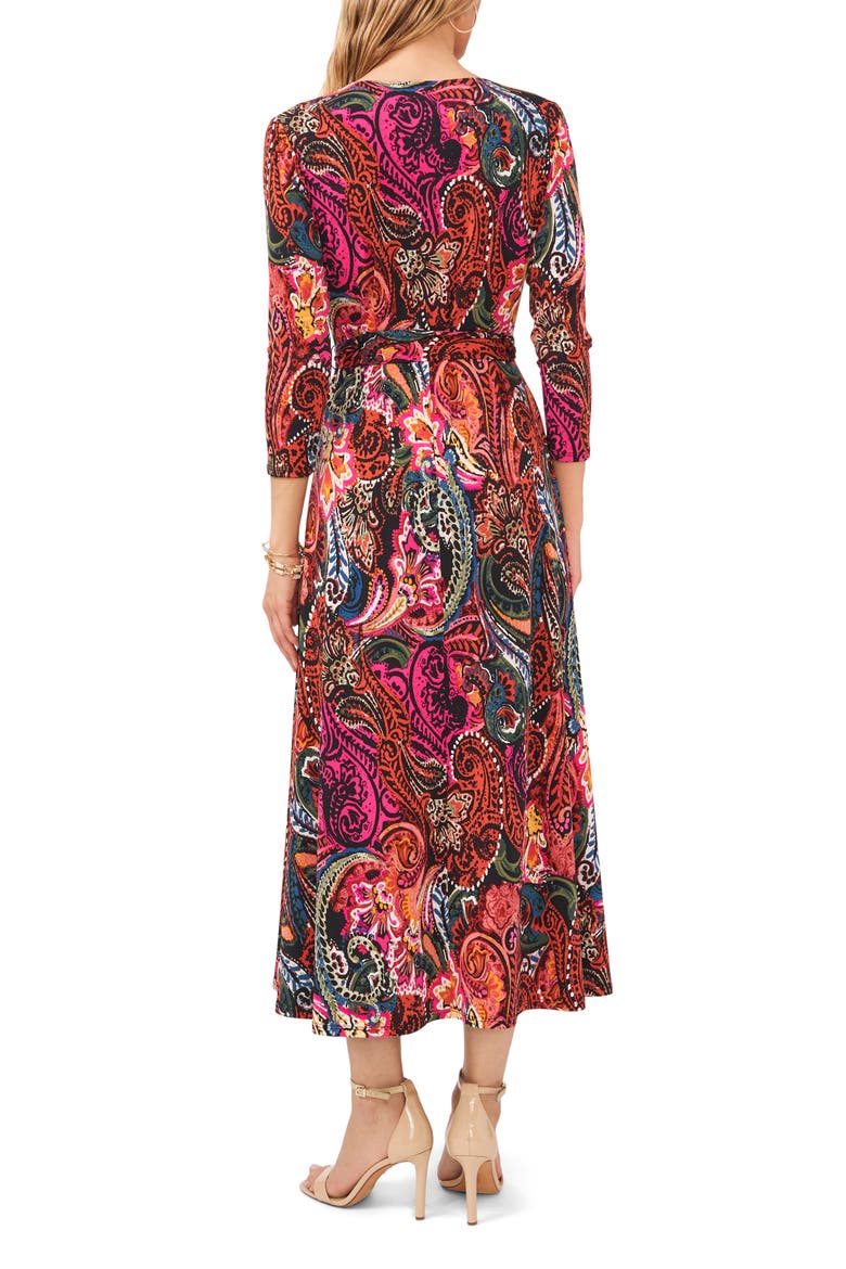 V-Neck Tie Waist Midi Dress, Alternate, color, BLACK/FUSCHIA/RUST