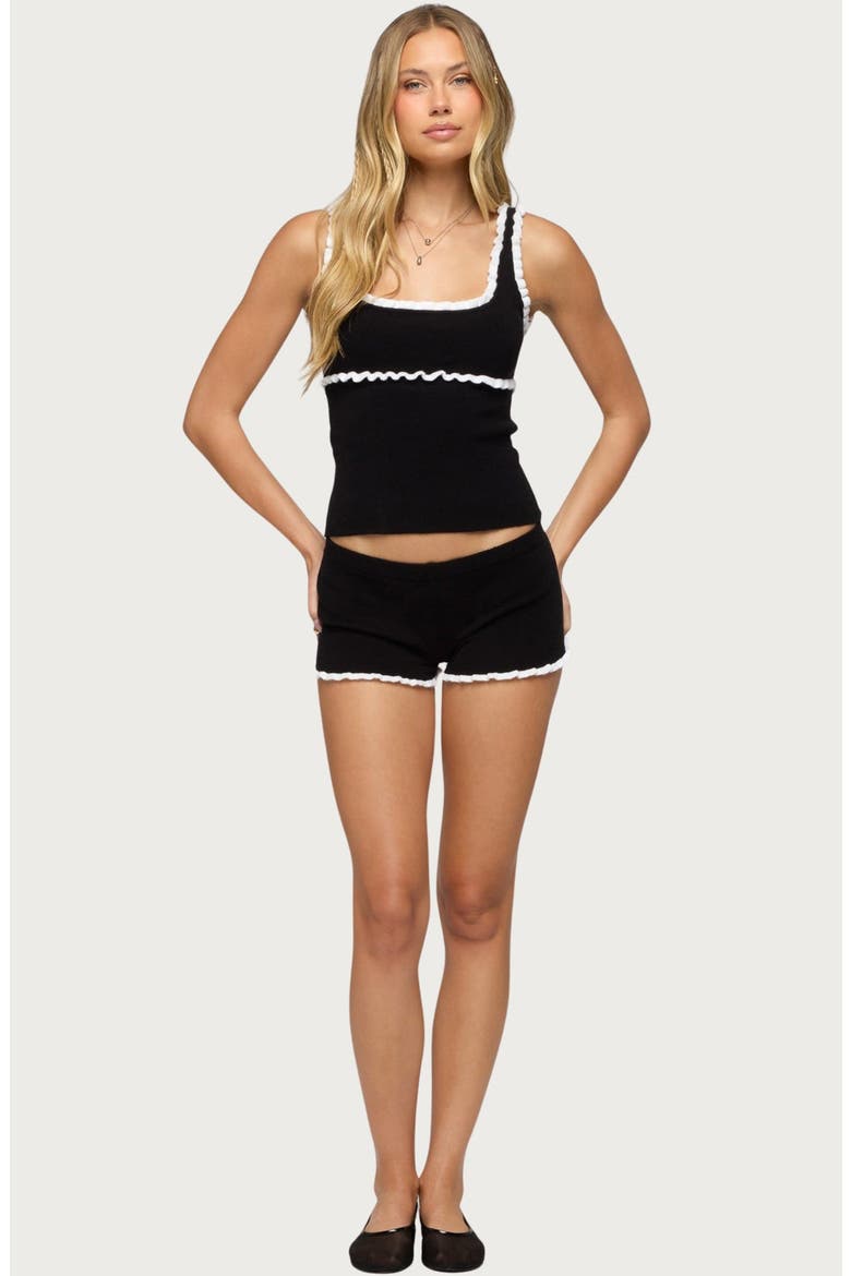 Saffra Contrast Ruffle Knit Micro Shorts, Alternate, color, BLACK