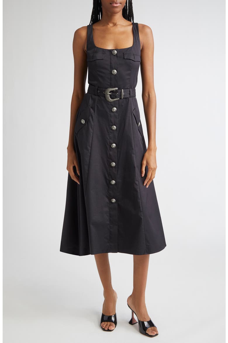 Tazia Belted Cotton Blend A-Line Dress, Main, color, BLACK