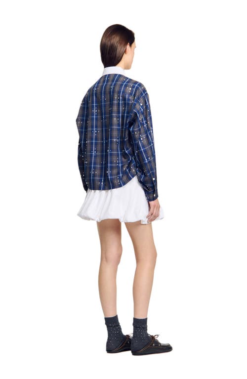 Sandro Womens Blue Rhinestone-embellished Relaxed-fit Checked Cotton Shirt In Blue