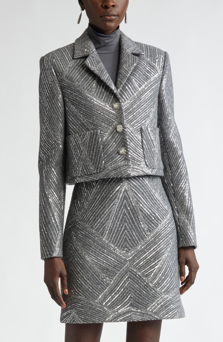 ST. JOHN Sequin Chevron Embellished Jacket, Main, color, Grey Melange/ Silver