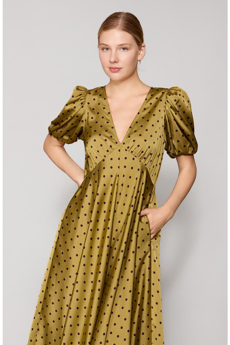 Polka Dot Satin Maxi Dress, Alternate, color, OLIVE/ BROWN