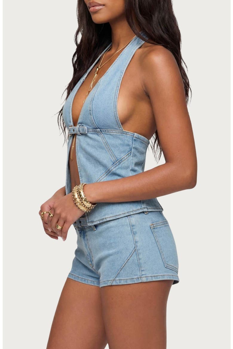 Ciel Split Front Denim Halter Top, Alternate, color, LIGHT-BLUE-WASHED