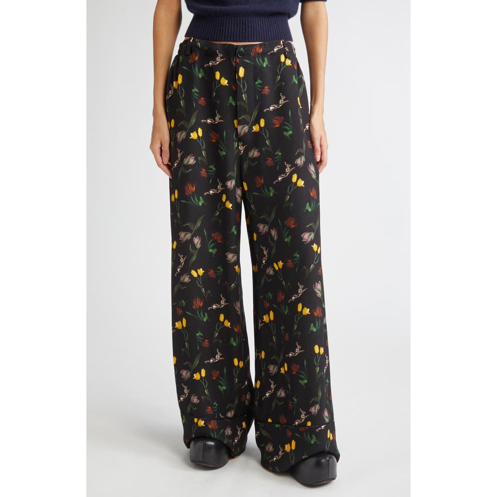 Marni Floral-print Wide-leg Trousers In Black
