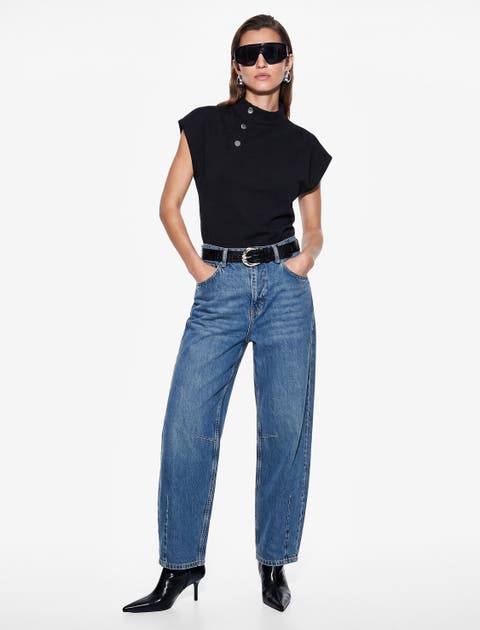 Regular Fit Modal Blend Funnel Neck Cap Sleeve Top With Button