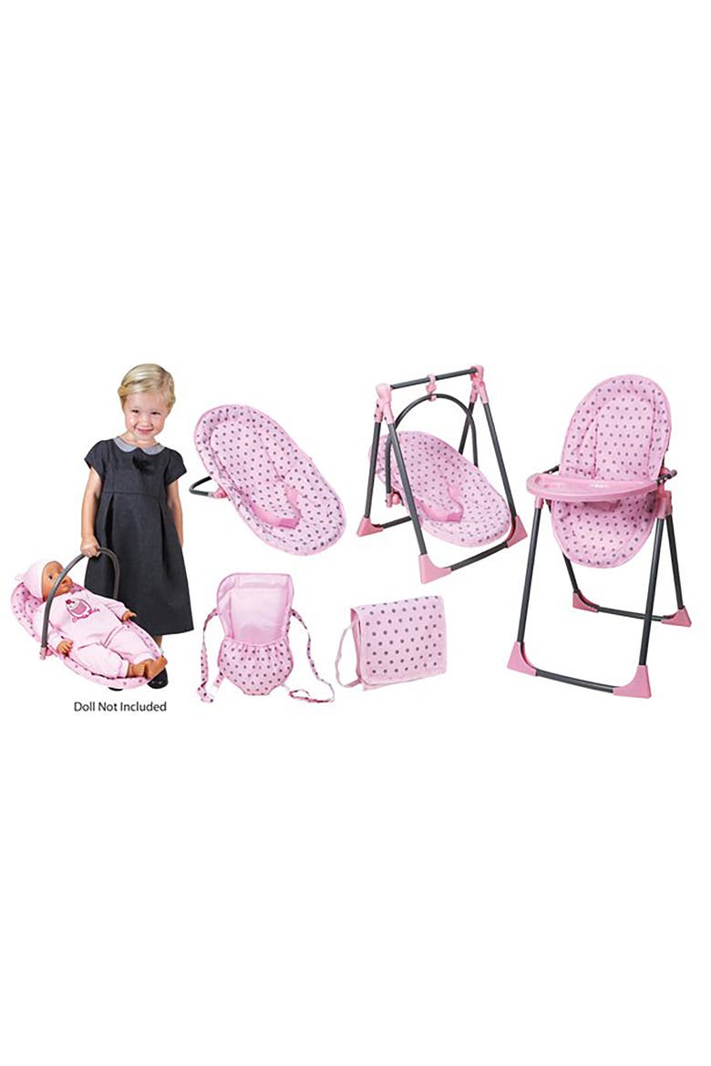6 In 1 Convertible Highchair Play Set, Pink & Grey Polka Dot, Fits Up To 18 Inches, Alternate, color, Multicolored