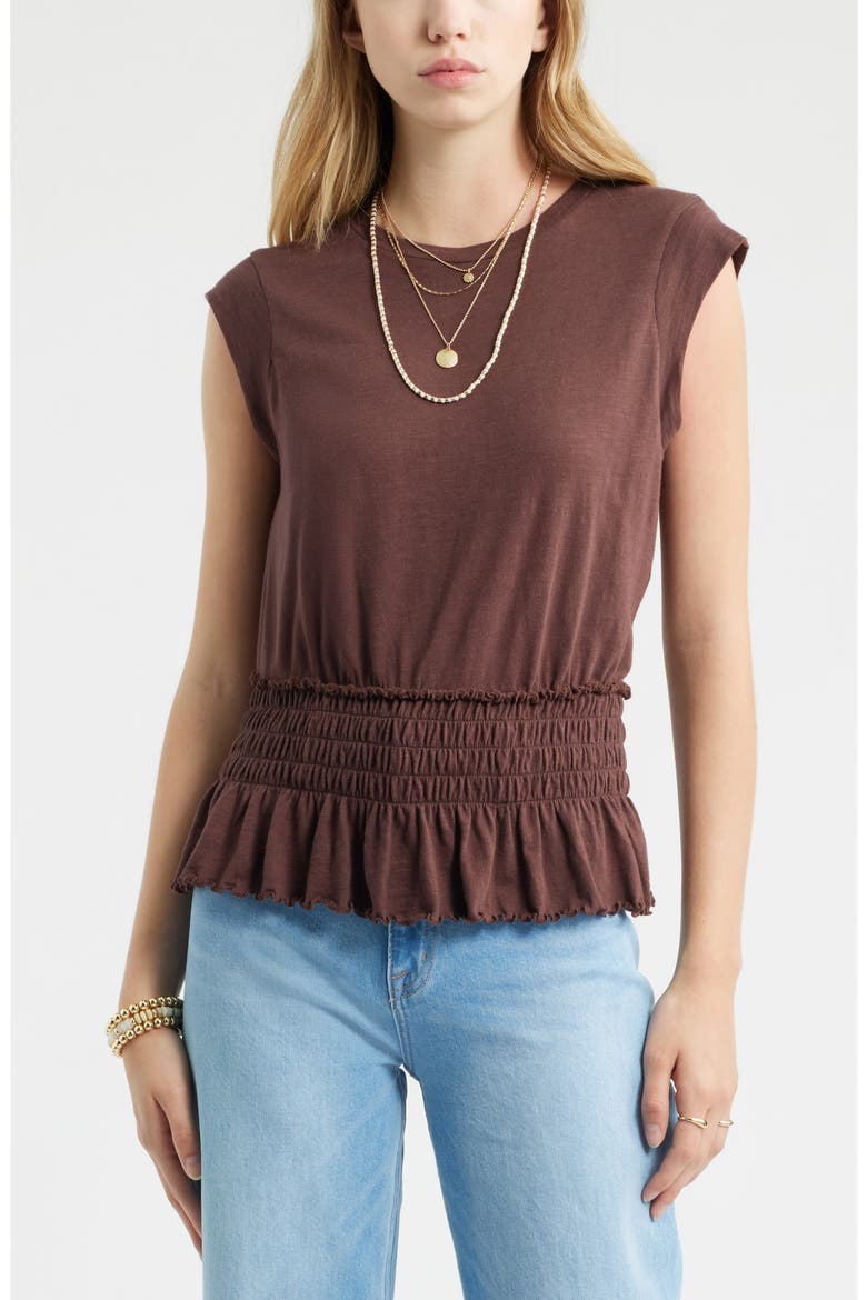 Smocked Waist Peplum Muscle Tank, Main, color, BROWN MALICACIA