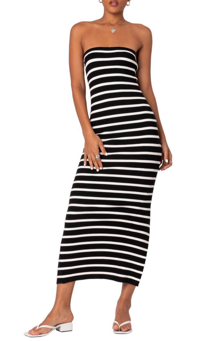 EDIKTED Stripe Strapless Maxi Dress, Main, color, Black-And-White