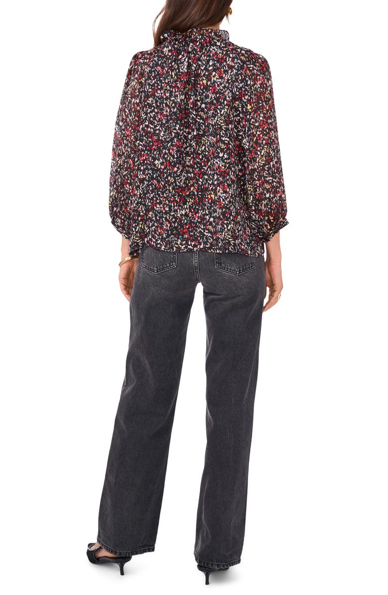 Vince Camuto Abstract Print Plissé Split Neck Top, Alternate, color, Rich Black