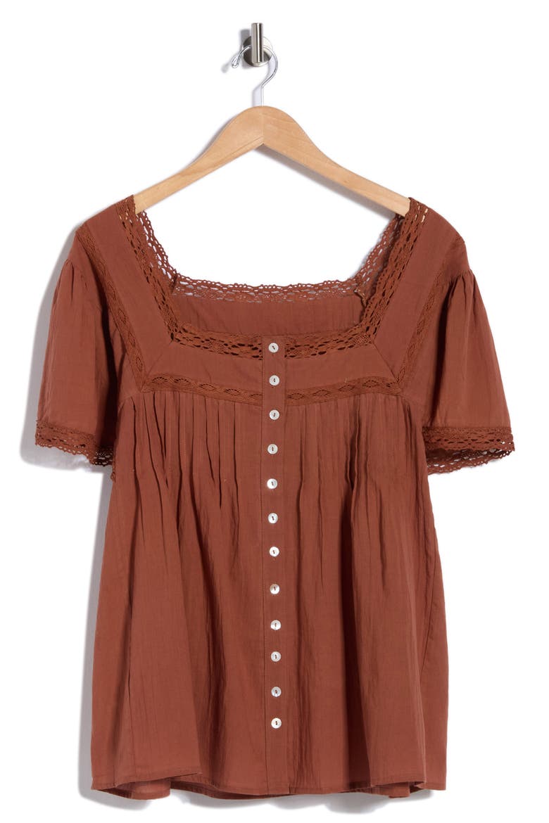 Crochet Inset Square Neck Top, Alternate, color, BROWN