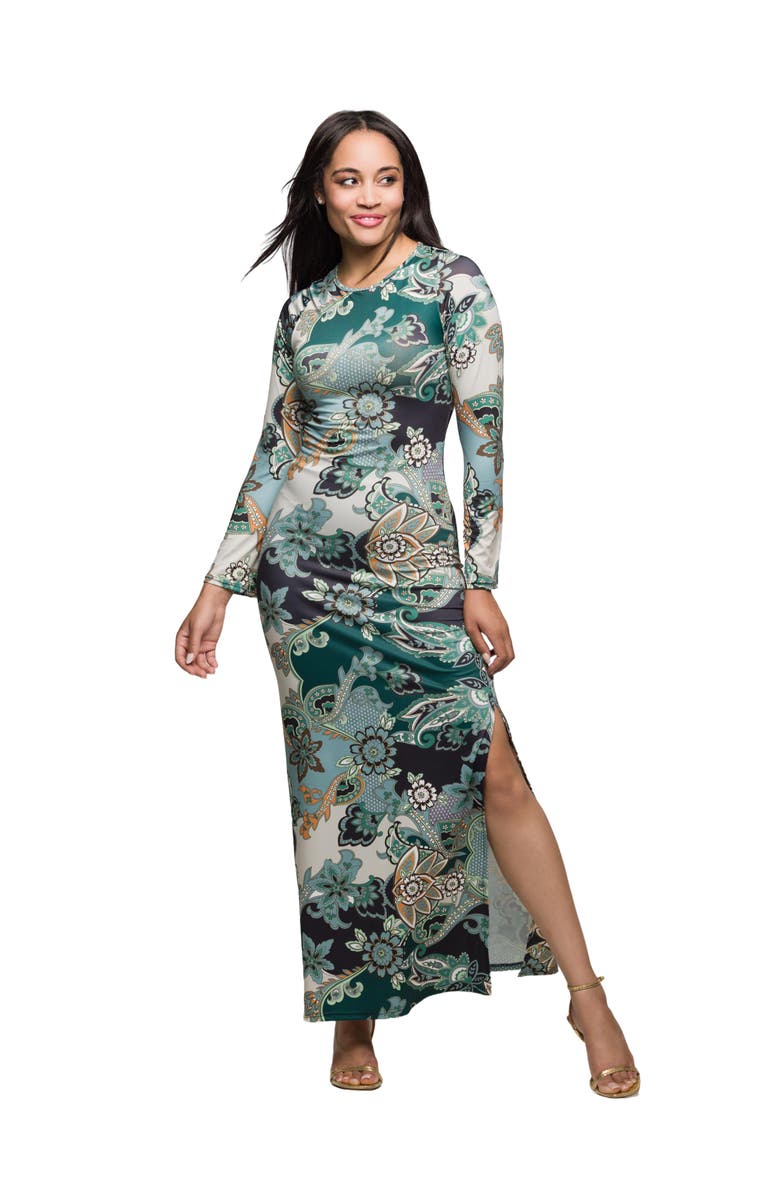 24seven Comfort Apparel Paisley Print Long Sleeve Side Slit Maxi Dress, Main, color, Green Multi