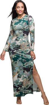 24seven Comfort Apparel Paisley Print Long Sleeve Side Slit Maxi Dress