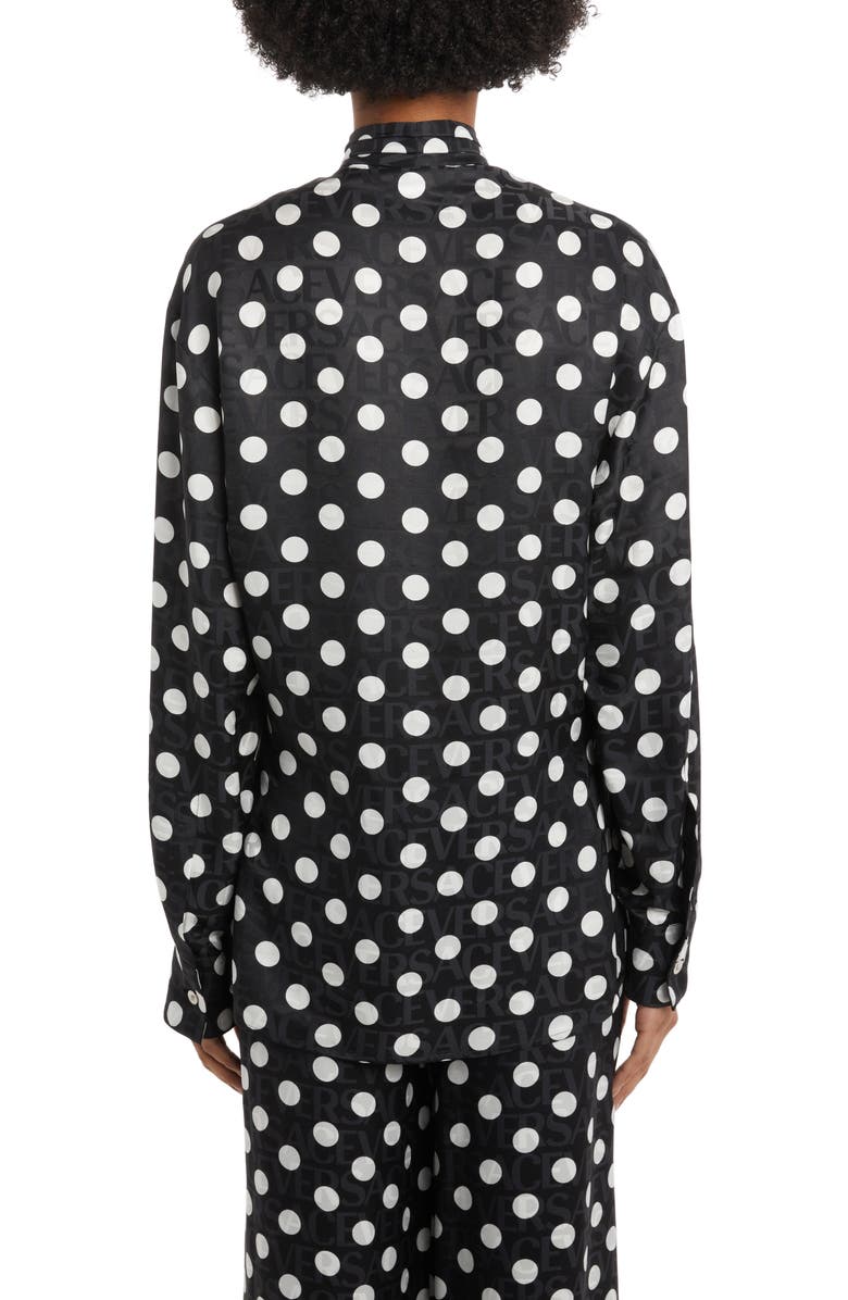 Versace Polka Dot Logo Jacquard Tie Neck Blouse, Alternate, color, 
