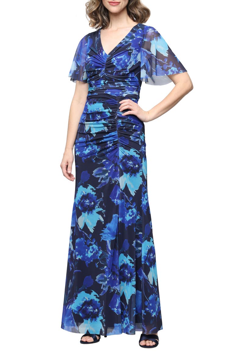 Floral Print Mesh Gown, Main, color, BLUE/ MULTI