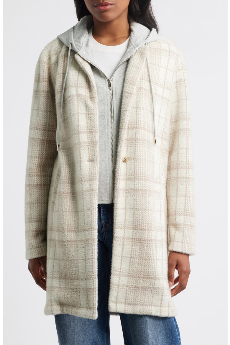 Plaid Coat with Bib Hoodie, Alternate, color, BEIGE COMBO