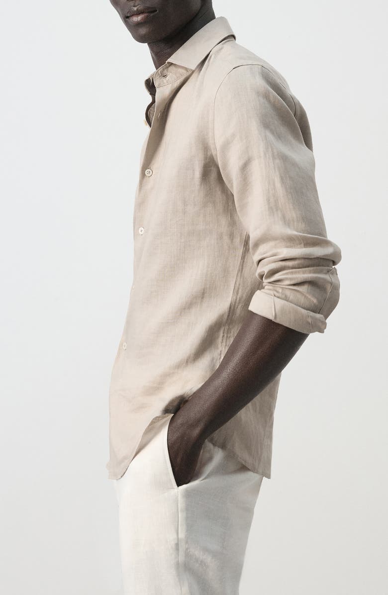 MANGO Slim Fit Linen Button-Up Shirt, Alternate, color, Sand