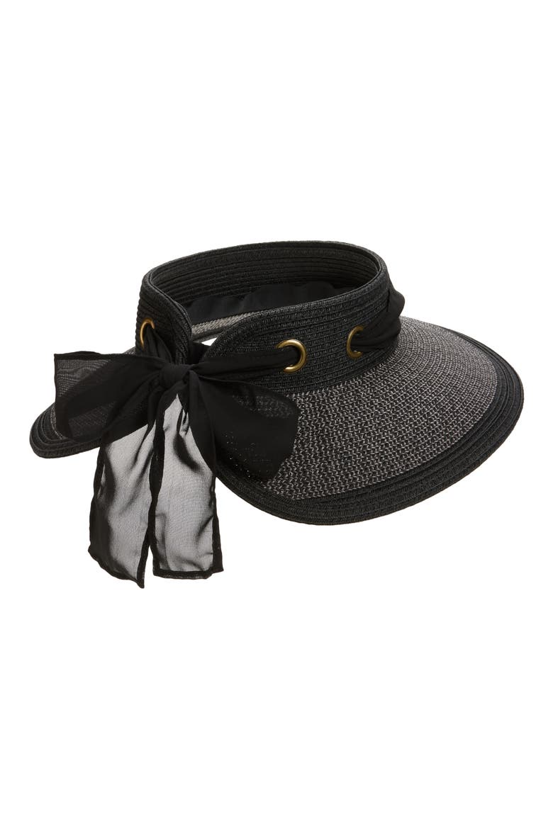 Chiffon Tie Woven Straw Visor, Alternate, color, BLACK MULTI