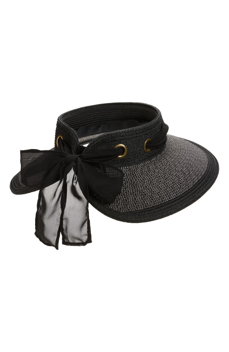 Vince Camuto Chiffon Tie Woven Straw Visor, Alternate, color, Black Multi