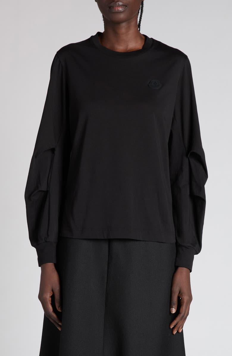 Moncler Pleated Long Sleeve T-Shirt, Main, color, Black