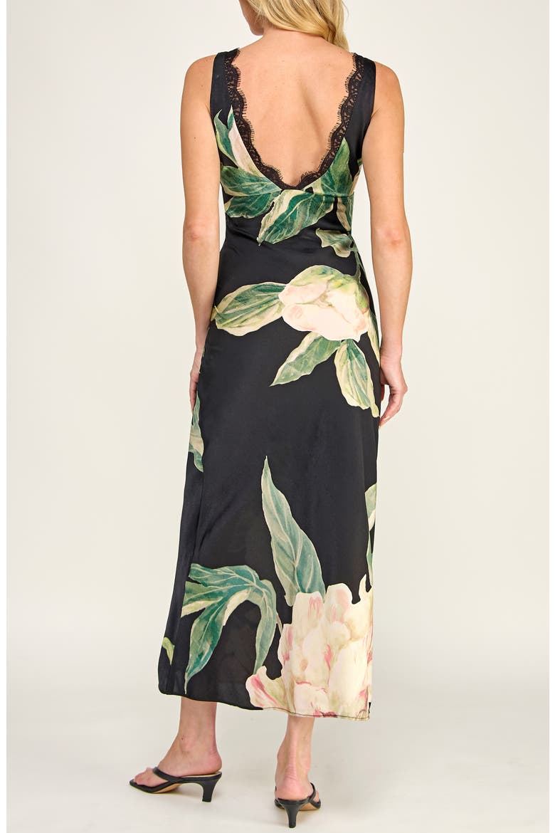 Bias Cut Floral Satin Dress, Alternate, color, BLACK GREEN