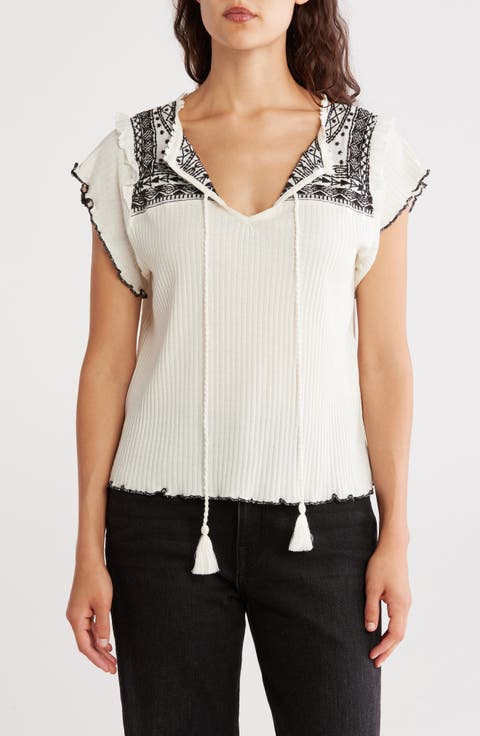 Embroidered Cap Sleeve Ribbed Top