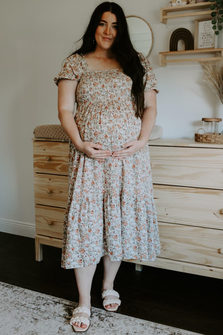 Floral Smocked Puff Sleeve Midi Dress, Alternate, color, Taupe