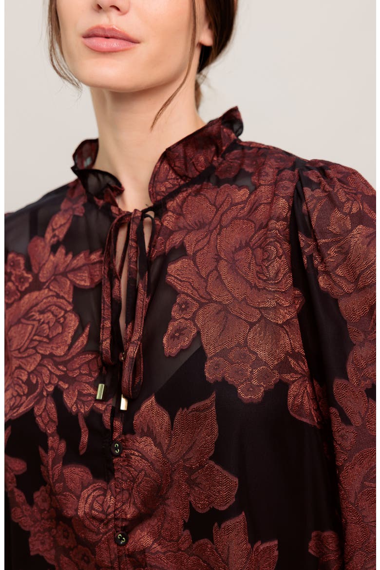 Floral Jacquard Tie Neck Top, Alternate, color, BLACK