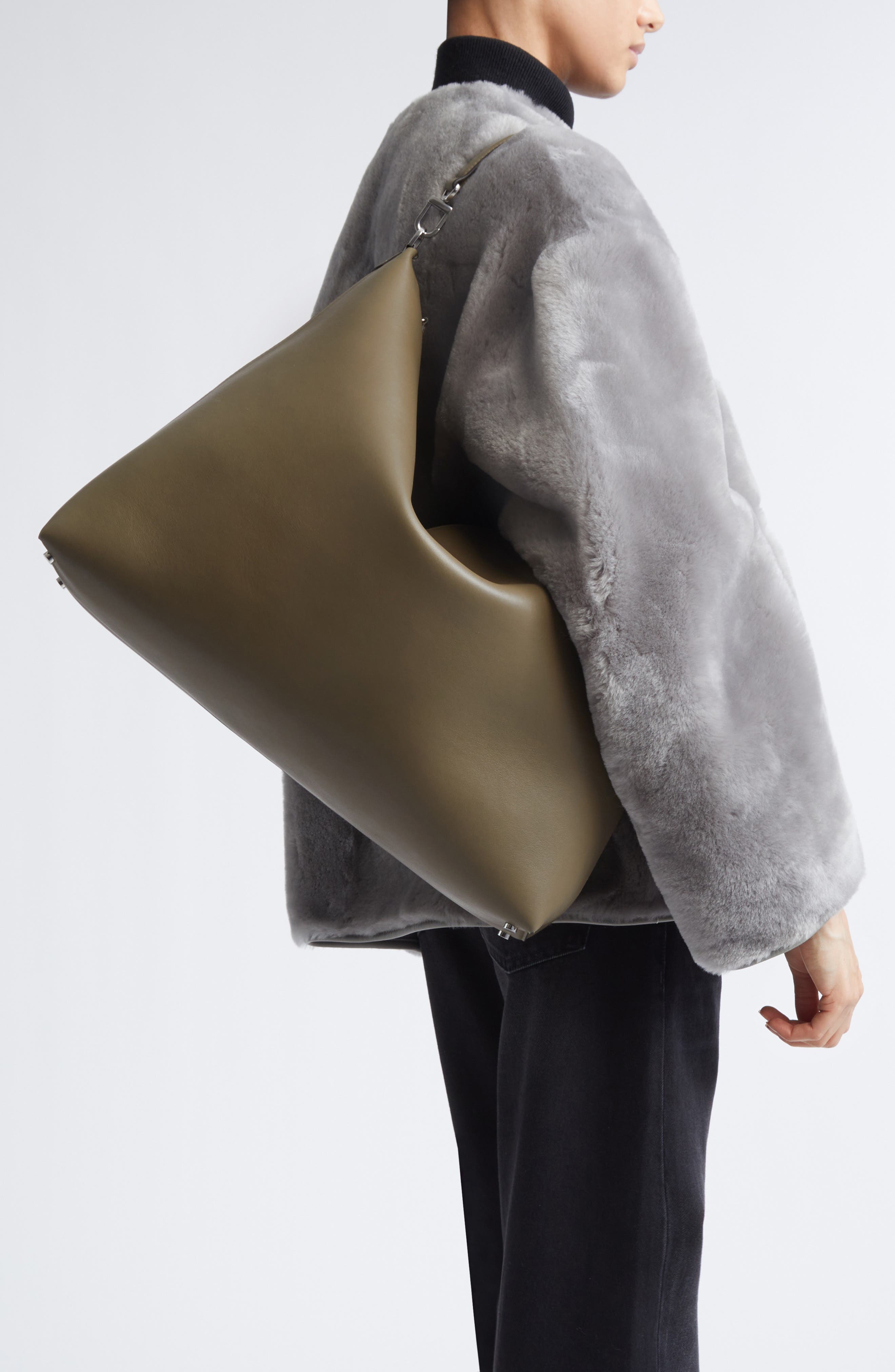 TOTEME Bevel Leather Shoulder Bag, Alternate, color, Taupe