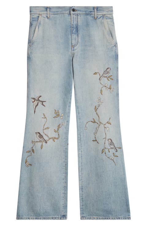 Floral Embroidered Cotton Wide Leg Jeans (Sunset Blue Archived)